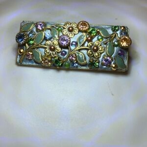 Michal Golan Floral Crystal and Enamel Bar Brooch in Green and Multi-Color